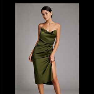 Elegant Olive Green Satin Dress
